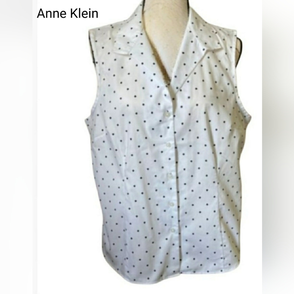 Anne Klein Sleeveless White Polka Dot Cotton Button Down Shirt Women’s